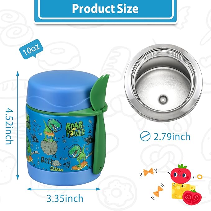 10oz Soup Thermo for Hot Food Kids,Lunch Thermo Kids Food Jar with Spoon Hot Insulated Food Containers,Leak Proof Stainless Steel Wide Mouth Lunch Food Thermo Jar for School(Blue-Dinosaur)-BubblyBeeBaby