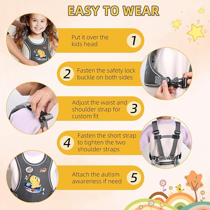 2025 New Safety Walking Harness for Big Kids (6-12yrs) with Autism Special Needs ADHD, Anti-Elopement Vest Harness with Grab Handle and Light Reflector, Adjustable Leash for Autistic, Active Child-BubblyBeeBaby