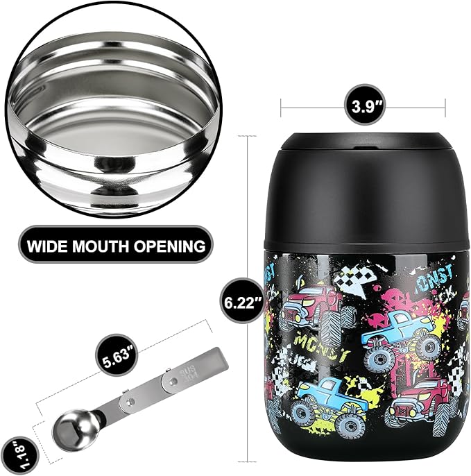 17 oz Insulated Lunch Containers Hot Food Jar, Wide Mouth Lunch Thermo for Kids Adults, Vacuum Stainless Steel Lunch Box With Handle Folding Spoon for School, Office Black - Car-BubblyBeeBaby