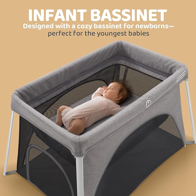 HARPPA Travel Crib with Comfy Mattress, Lightweight Portable Crib Requires No Assembly, Foldable Pack and Play for Baby and Toddlers, Compact Play Yard with Bed,Gray-BubblyBeeBaby