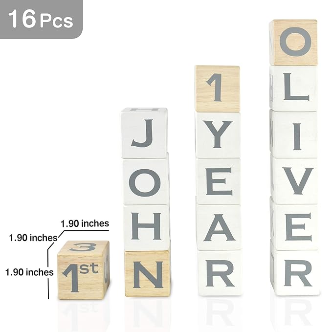 I'm Solid Wood Baby ABC Alphabet Milestone Age Blocks, Personalized Own Name, Gender Neutral, Newborn Gifts & Keepsakes for Picture Props (1.9" / 16 Pcs/White)-BubblyBeeBaby