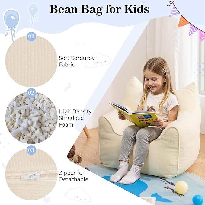 HOMMPA Bean Bag Chair for Kids Stuffed Toddler Bean Bag Sofa with Pocket Filler Cat Shaped Bean Bag Chair Boys and Girls Baby Lazy Floor Sofa Chair for Gaming Reading Playing Beige-BubblyBeeBaby