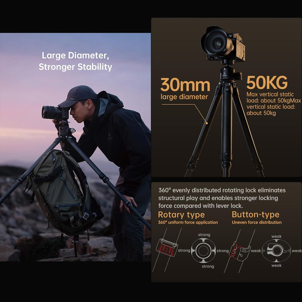 FALCAM TreeRoot Carbon Fiber Medium Tripod, 4-Section Legs, 50kg Vertical Load, 30mm Large Diameter, Quick Lock Tripod Only-T00A4901