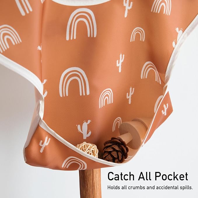 Mess Proof Baby Bib 3 Pack, Waterproof Led Weaning Baby Feeding Bibs with Food Catcher, Travel Feeding Bibs-BubblyBeeBaby