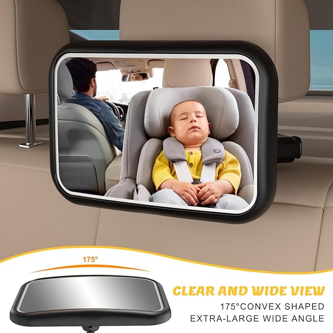 Baby Car Mirror with Light, 7 RGB Light Rear Facing Baby Car Seat Mirror with Remote Control Rechargeable 360° Rotation Hook Clip Design Wide View Shatterproof-BubblyBeeBaby