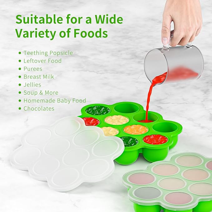 10 Cavities 2 OZ Portions Silicone Baby Food Freezer Tray with Lid,Ice Cube Trays & Molds,Baby Popsicle Mold,Egg Bite Molds,for Freezing and Baking Breast Milk,ice Cube,Egg Bites (Green)-BubblyBeeBaby