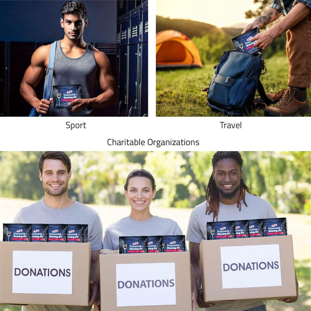 Shaving Kit with Razor, Shaving Cream, Washcloth & Aftershave Wipe – Men’s Travel Shave Set for Hotels, Shelters & Outreach – Disposable Grooming Pack (Blue) (50)