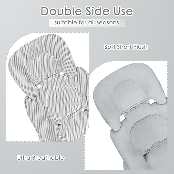 Infant Car Seat Insert for Newborn Girls Boys, Summer Mesh Baby Carseat Head Support with Strap Pads, Soft Reversible Baby Car Seat Insert Cushion Pad for Car Seat, Stroller, Bouncer, Swing, Gray-BubblyBeeBaby