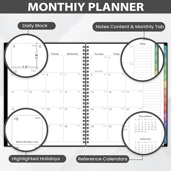 2026 Monthly Planner - 2026 Planner/Calendar, JAN 2026 - DEC 2026, Monthly Planners with Colorful Tabs, Planners for Daily Organizing - Waterproof Cover (8" x10", Notes Pages, Black)-BubblyBeeBaby
