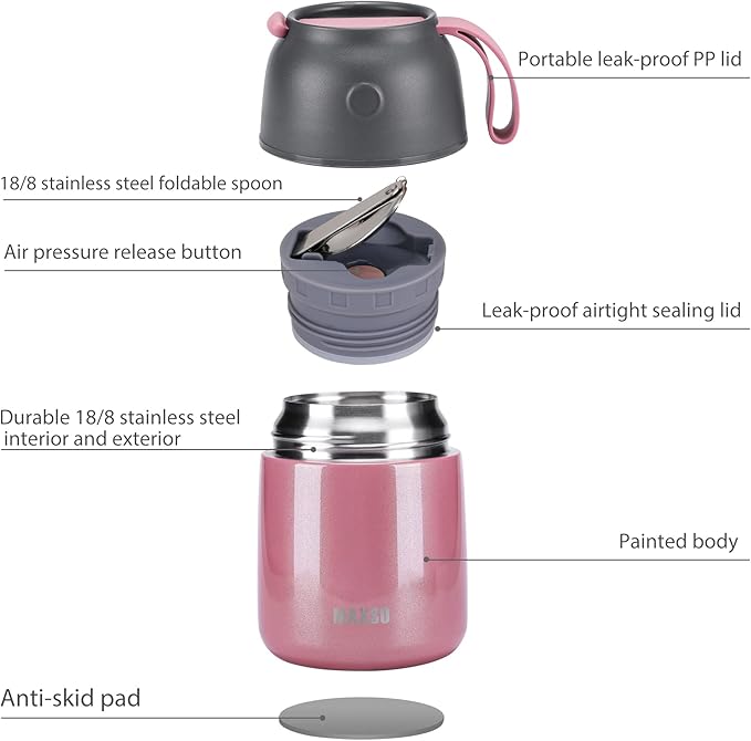 Insulated Thermo Food Jar for Hot & Cold Food for Kids Adult, 17&24 oz Soup Thermal Hot Food Containers for Lunch, Triple Layer Insulation Stainless Steel Food Jar with Spoon (2 Pack Pink)-BubblyBeeBaby