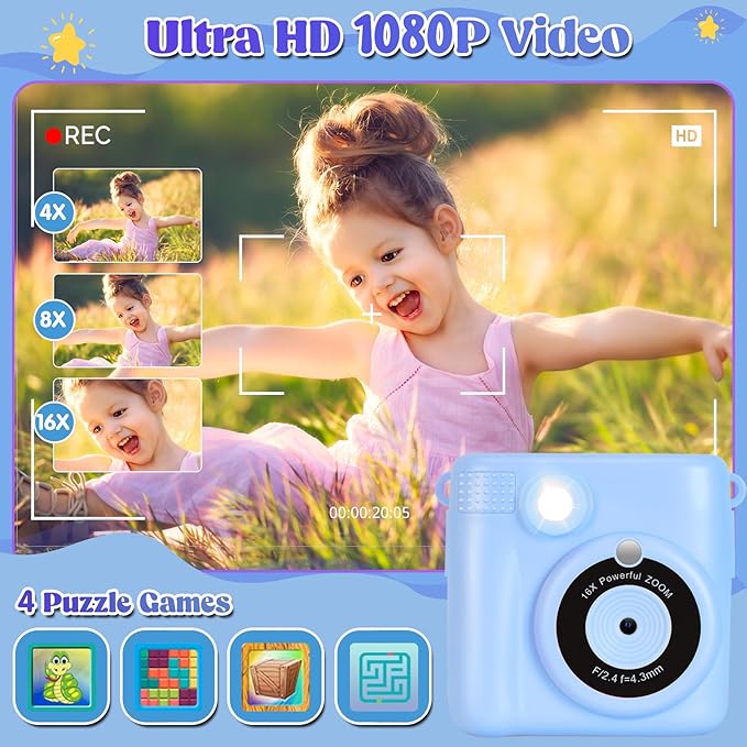 Instant Print Camera for Kids - 2.4 Inch Kids Camera Instant Print with Paper & 32G Card- Digital Children Toys as Christams Birthday Gifts for Girls Boys Age 3-12 - Blue-BubblyBeeBaby
