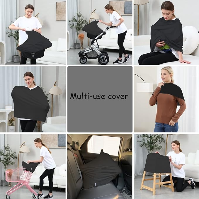 Carseat Covers for Baby Breastfeeding – Multi use Car Seat Canopy Cover, Infant Stroller Canopy Cover for Boy and Girls (Black Print)-BubblyBeeBaby