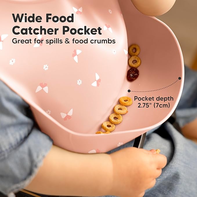 KeaBabies 2-Pack Silicone Baby Bibs for Eating - Sturdy Food-Grade Silicone Bibs for Babies Girl, Boy, Large Food Catcher, Clean & Put On Easily, Waterproof Toddler Feeding Essentials (Butterflies)-BubblyBeeBaby