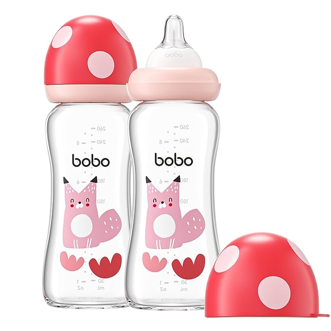 YOHKOH Natural Glass Baby Bottle with Natural Response Nipple, Newborn Anti-Colic Baby Bottles, Wide Neck Mushroom Cap Baby Bottle, Clear (8.8ounce (Pack of 2), Red2)-BubblyBeeBaby
