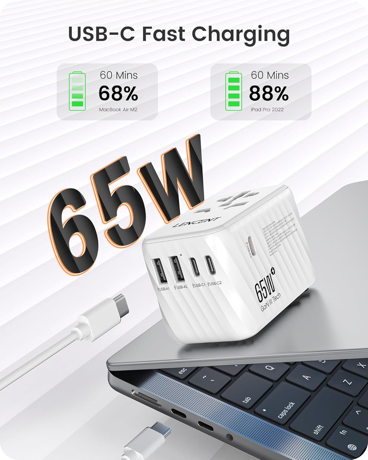 LENCENT International Travel Adapter, 65W GaN3 Universal Fast Charger with 2 USB A + 3 Type C PD, Worldwide Power Adaptor for Phones,Laptops, All in One Travel Essentials for EU/USA/UK/AU, White