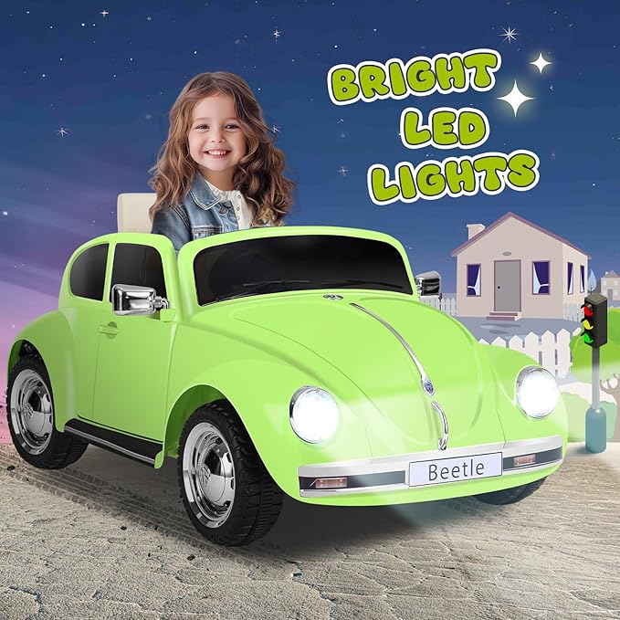 12V Kids Electric Car, Power Wheels with Remote Control, Ride on Car Toys with LED Light, 3 Speeds, Music, Green-BubblyBeeBaby