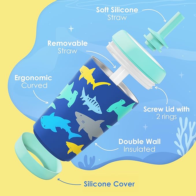 Kid Insulated Stainless Steel Tumbler with Silicone Straw, 12oz Sippy Cup for Kids (Sharks)-BubblyBeeBaby