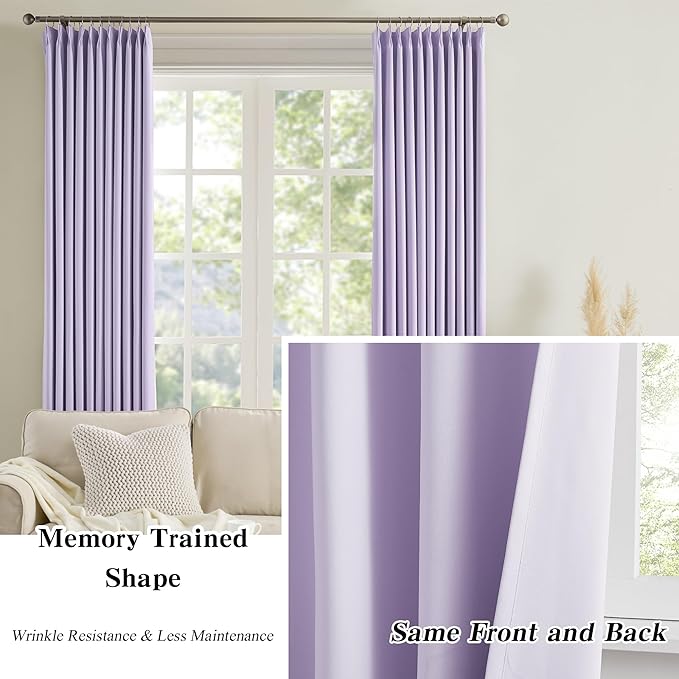 KEQIAOSUOCAI Pinch Pleated Curtains 120 Inches Long, Energy Saving Window Treatment Privacy Drapery for Living Room, Vertical Track System Elegant Hook Panels(Lavender, 2 Pieces, W40 x L120)-BubblyBeeBaby