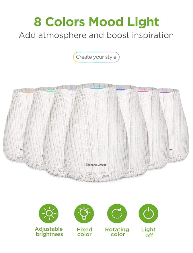 InnoGear Essential Oil Diffuser with Oils, 100ml Aromatherapy Diffuser with 6 Essential Oils Set, Aroma Cool Mist Humidifier Gift Set, Grey Wood Grain-BubblyBeeBaby