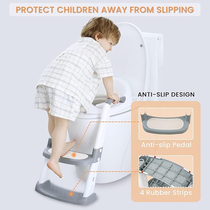 JASSONE® Potty Training Seat, Toddler Step Stool, 2 in 1 Potty Training Toilet for Kids, Baby Seat with Splash Guard and Anti-Slip Pad for Boys Girls Potty Training, Grey-BubblyBeeBaby