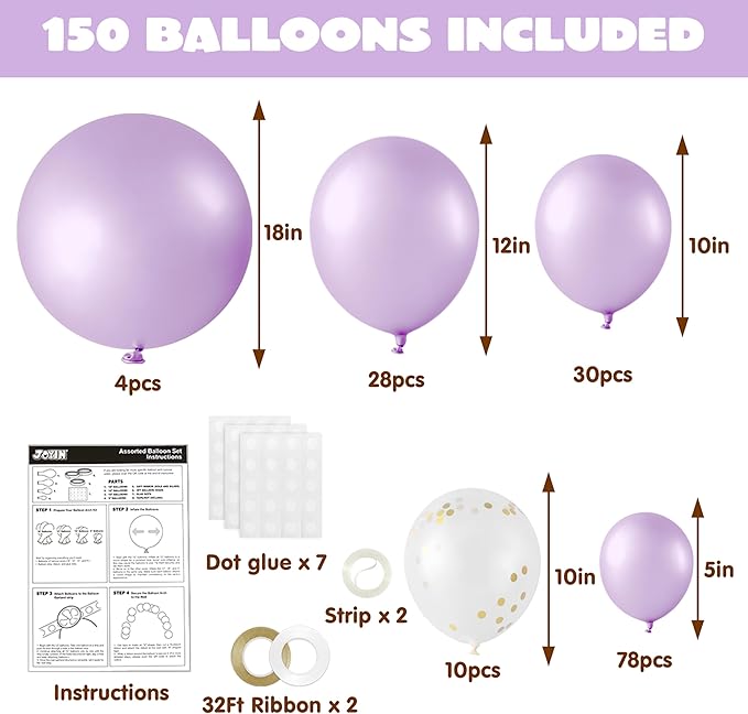 JOYIN 150 Pcs Pastel Purple Balloons, Different Sizes 18 12 10 5 Inch Pastel Purple Latex Balloon Arch Kit with Instruction for Birthday Party Graduation Wedding Holiday Decoration-BubblyBeeBaby