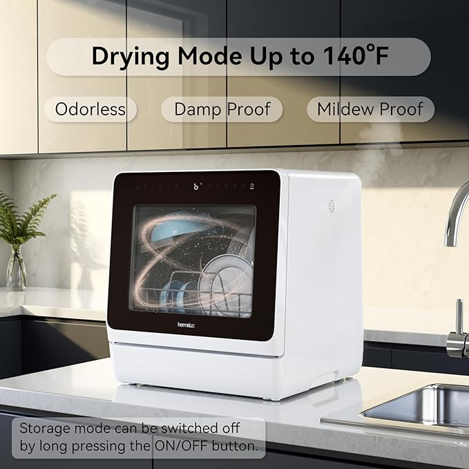 Hermitlux Countertop Dishwasher, 7 Washing Programs Portable Mini Dishwasher with 5-Liter Built-in Water Tank for Apartments & RVs, LED Light, Glass Door, No Hookup Needed-BubblyBeeBaby