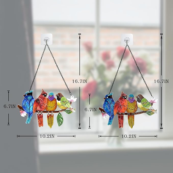 2 Pack Stained Glass Window Hanging - Hummingbird Decorations Suncatcher Hand-Painted Double Sided Birds on A Branch Sun Catcher for Window Home Decor Gifts for Mom,Bird Lovers-BubblyBeeBaby