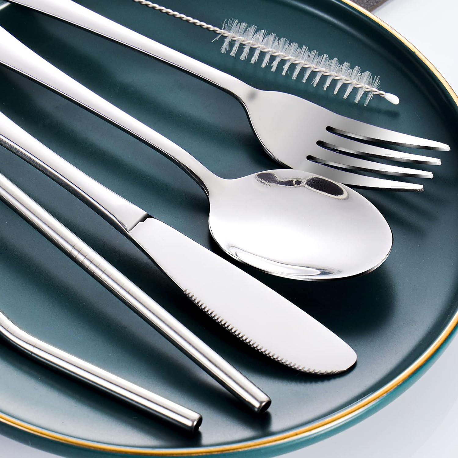 Portable Utensils Set with Case, 4pcs Stainless Steel Reusable Silverware for Lunch Camping School Picnic Workplace Travel, Lunch Box Includ Fork Spoon Knife,Easy to clean,Dishwasher Safe(Black)