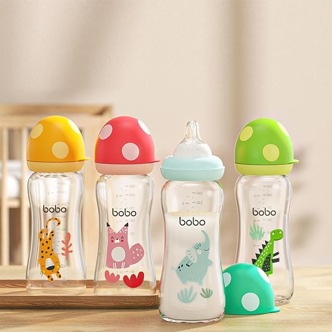YOHKOH Natural Glass Baby Bottle with Natural Response Nipple, Newborn Anti-Colic Baby Bottles, Wide Neck Mushroom Cap Baby Bottle, Clear (8.8ounce (Pack of 4), Multicolour2)-BubblyBeeBaby