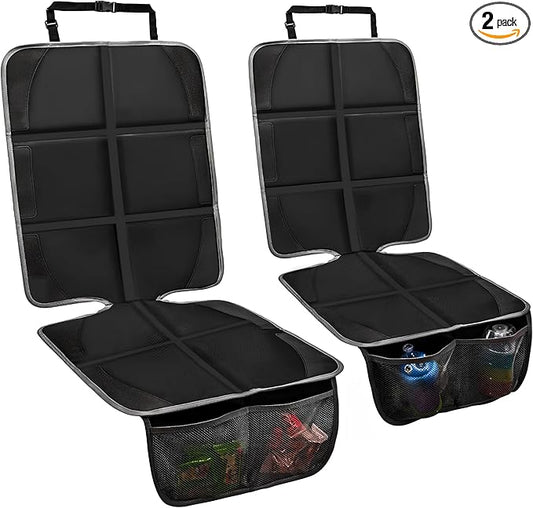 Car Seat Protector 2 Pack Baby Car Seat Covers with Mesh Pockets & Non-Slip Backing 600D Durable Seat Protector Under Baby Car Seat (Black & Gray, Large)-BubblyBeeBaby