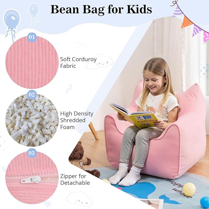 HOMMPA Kids Bean Bag Chair Stuffed Toddler Bean Bag Sofa with Pocket Filler Bean Bag Chair for Kids Boys and Girls Baby Lazy Floor Sofa Chair for Gaming Reading Playing Pink-BubblyBeeBaby