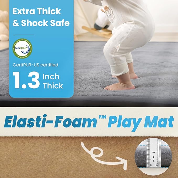 1.3" Thick Baby Play Mat for Floor, 28x72 Foam Tummy Time Mat, Padded Support Soft Plush Bedside Rugs for Infant Kids Toddler Crawling Kick Activity (Dark Grey)-BubblyBeeBaby