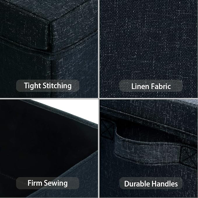 HOONEX Linen Foldable Storage Bins with Lids, 2 Pack, Storage Boxes with Carrying Handles and Sturdy Heavy Cardboard, 16.5" L x 11.8" W x 7.5" H for Shoes, Books, Clothes, Nursery, Dark Grey-BubblyBeeBaby