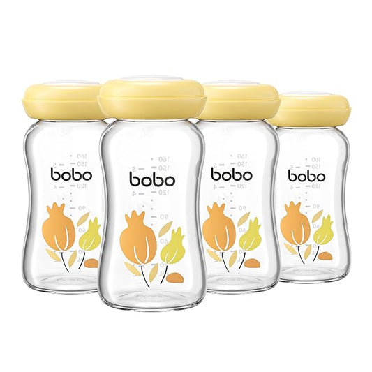 YOHKOH Breast Milk Storage Bottles - Wide Neck Glass Breastmilk Storage Bottles with Lids, BPA-Free (Yellow, 5.4oz (Pack of 4))-BubblyBeeBaby