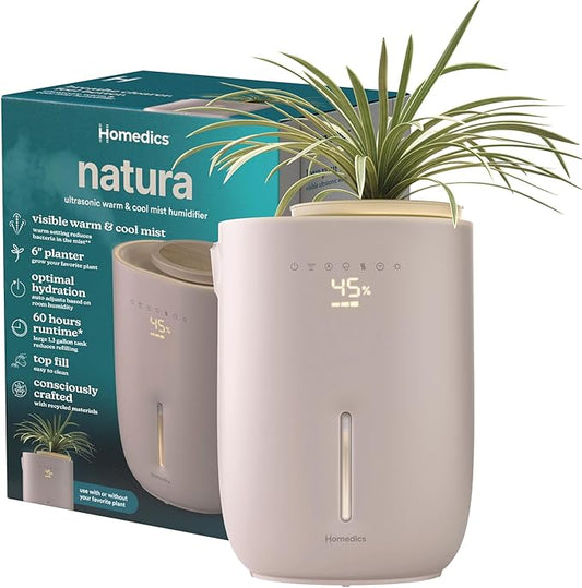 Homedics Natura Ultrasonic Warm & Cool Mist Humidifier, 1.3-Gal for Large Rooms, 60-Hr Runtime, Plant Holder, Programmable Humidity, Auto Shutoff, Nightlight Small Plant Compatible(Plant Not Included)-BubblyBeeBaby