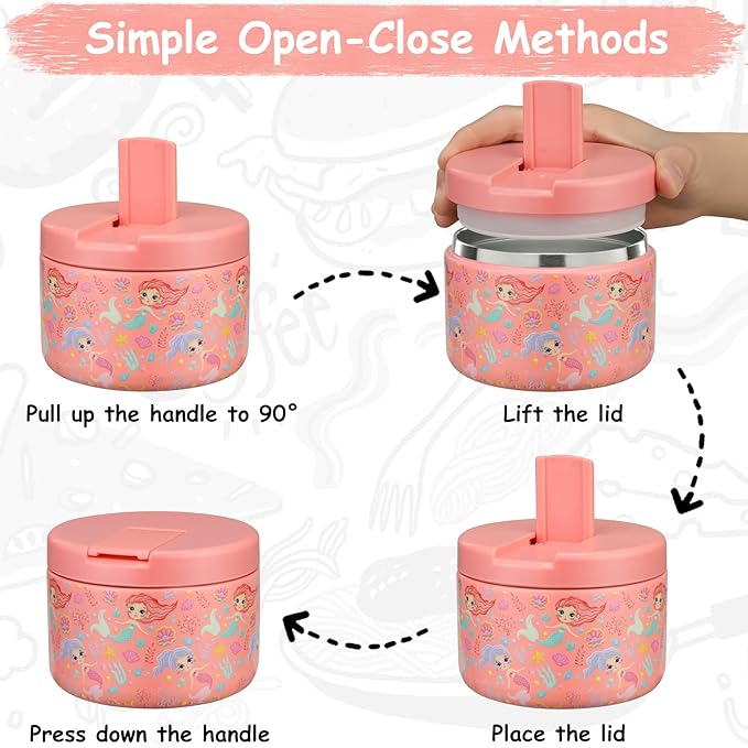 12oz Insulated Vacuum Food Jar with Buckle Lid Wide Mouth Soup Thermo for Hot Food Kids Leakproof Stainless Steel Lunch Container (mermaid)-BubblyBeeBaby
