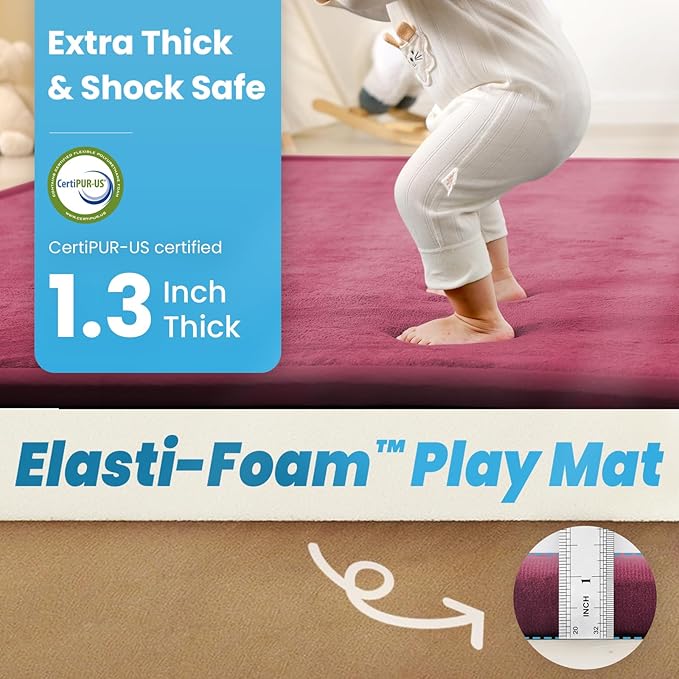 1.3" Thick Baby Play Mat for Floor, 39x59 Foam Tummy Time Mat, Padded Support Soft Plush Nursery Rug for Infant Kids Toddler Crawling Kick Activity (Burgundy)-BubblyBeeBaby