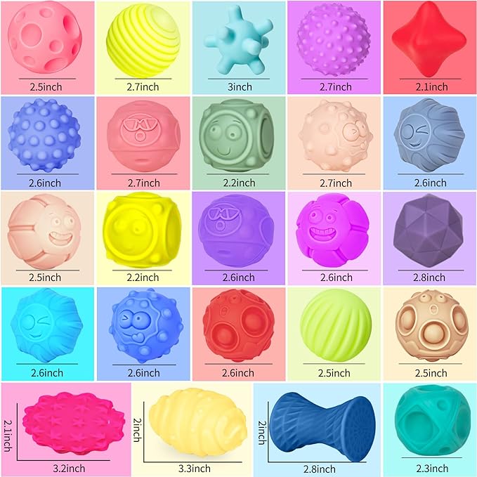 24 Pcs Sensory Balls for Toddlers, Sensory Baby Toys, Montessori Toy for Babies Squeeze, Infant Toys Soft Multi Ball Set Gifts with Bright Color Textured-BubblyBeeBaby