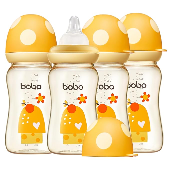 YOHKOH PPSU Baby Bottle Wide Neck, Newborn Anti-Colic Baby Bottle with Natural Response Nipple, Streamlined Body, Easy to Clean (8.8oz (Pack of 4), Yellow)-BubblyBeeBaby
