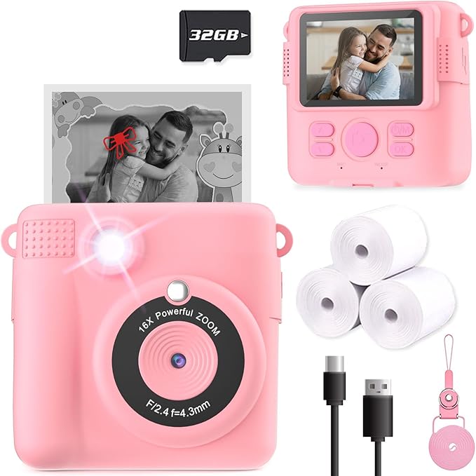Instant Print Camera for Kids, Christmas Birthday Gifts Girls Boys Age 3-12, HD Digital Video Cameras Toddler, Portable Toy 3 4 5 6 7 8 9 10 Year Old Girl with 32GB SD Card-Pink-BubblyBeeBaby