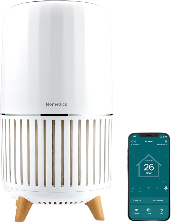 Homedics Smart Air Purifier 4-in-1 Tower for Large Rooms, Up To 1570 sq ft, True HEPA Filtration, UV-C Technology, Activated Carbon Odor Filter, Reduces Bacteria, Virus, VOCs, Wi-Fi and Voice Control-BubblyBeeBaby