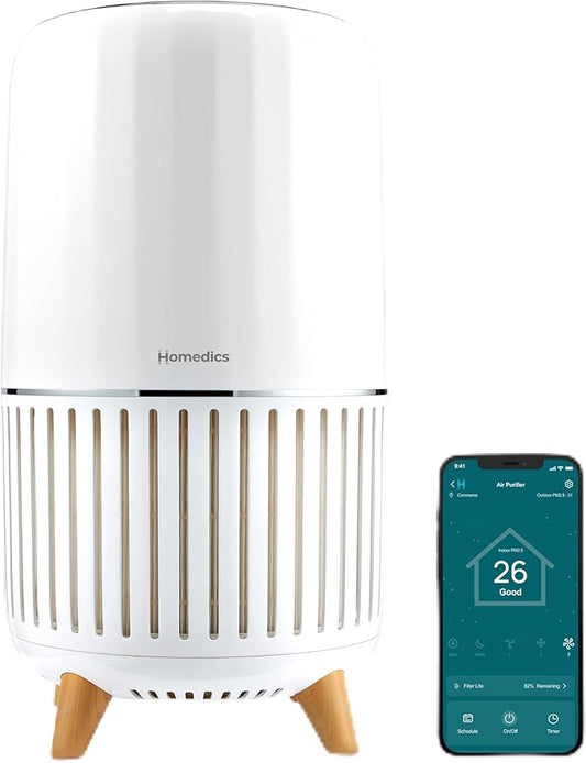 Homedics Smart Air Purifier 4-in-1 Tower for Large Rooms, Up To 1570 sq ft, True HEPA Filtration, UV-C Technology, Activated Carbon Odor Filter, Reduces Bacteria, Virus, VOCs, Wi-Fi and Voice Control-BubblyBeeBaby