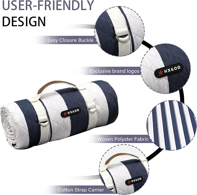 HX&OD Outdoor Picnic Blanket Extra Large, 80''*80'' Waterproof Picnic Mat with Stakes Foldable Camping Blanket Portable with Carry Strap for Beach Mat (Blue& White, 80''*80'')-BubblyBeeBaby