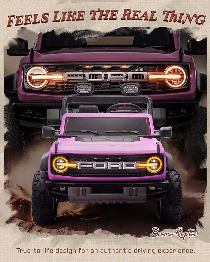 24V Ride on Toys for Big Kids, Licensed Ford Bronco Raptor 2 Seater Ride on Cars with Remote Control, Ride on Truck w/ 4-Wheeler Suspension, 3 Speeds, Led Lights, Bluetooth (24V, Pink)-BubblyBeeBaby