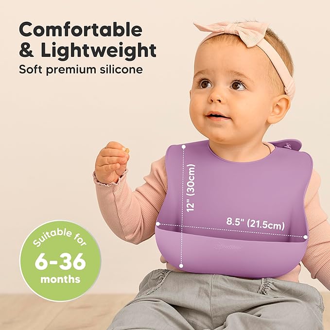 KeaBabies 2-Pack Silicone Baby Bibs for Eating - Sturdy Food-Grade Silicone Bibs for Babies Girl, Boy, Large Food Catcher, Clean & Put On Easily, Waterproof Toddler Feeding Essentials (Amethyst)-BubblyBeeBaby