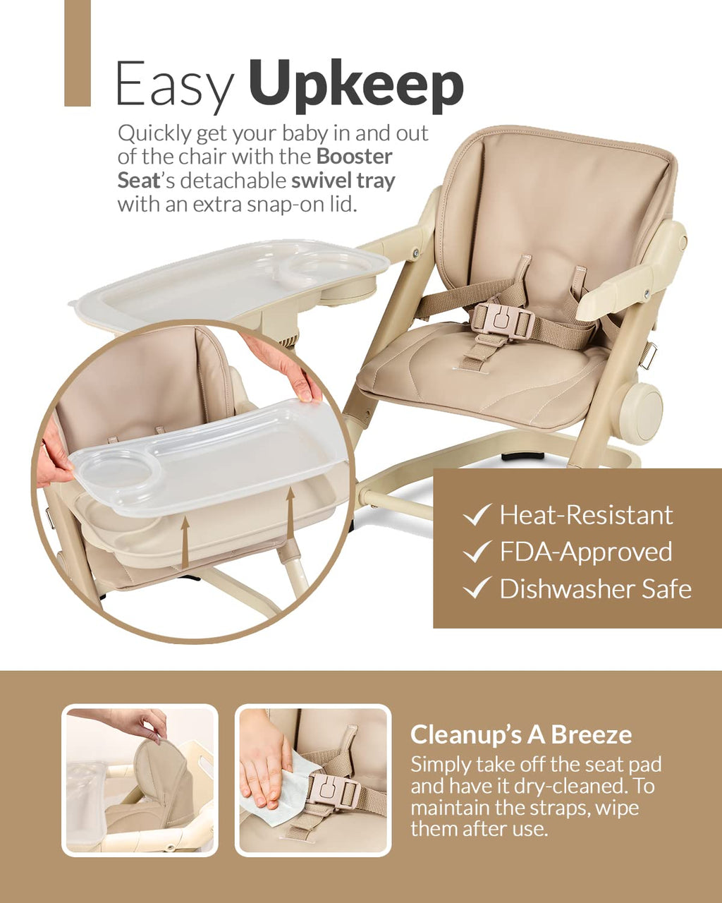 Feed Me 3-in-1 Travel High Chair Booster Seat for Infants and Toddlers - Transitional, Compact & Fits Any Chair, Swivel Tray, Milk Tea