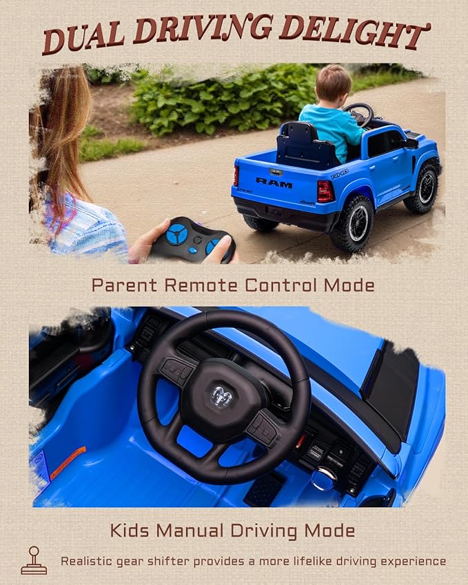 12V Kids Electric Vehicles, Licensed Ram 1500 RHO Kids Ride on Truck with Remote Control, Ride on Car for Children with Smooth Start, Truck Bed Storage, Bluetooth, Aux Port (Blue)-BubblyBeeBaby