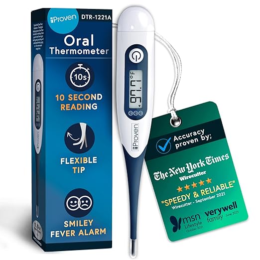 iProven Oral Thermometer, Measures in 10 seconds with flexible tip and fever alarm, Digital Medical Thermometer for adults, kids and toddlers - DTR-1221A-BubblyBeeBaby