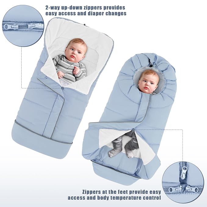 Yoofoss Stroller Cover for Winter, Toddler Stroller Footmuff Universal for Most Stroller, Water Resistant Warm Coral Baby Stroller Bunting Sleeping Bag Blue-BubblyBeeBaby