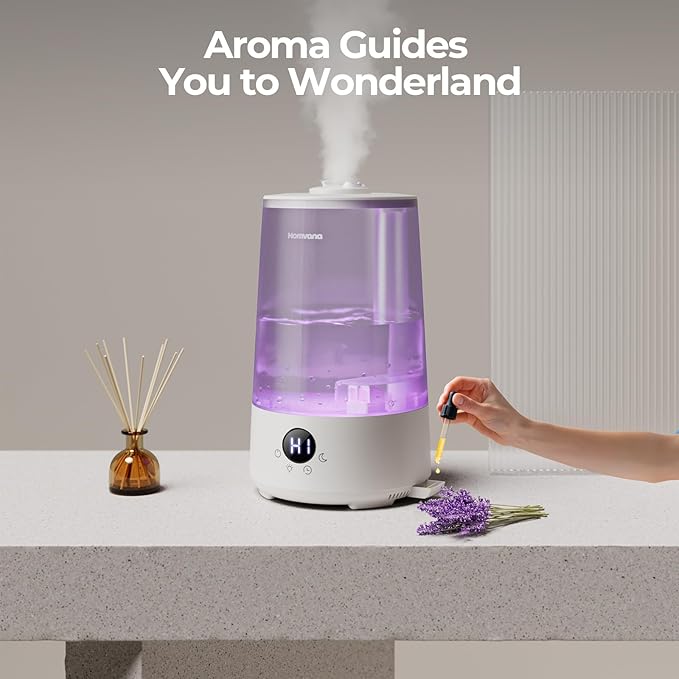 Homvana Humidifiers for Bedroom Home, 3.6 L Cool Mist Top-Fill 34H Super Long Time, Quiet 23dB, Baby Humidifier, Oil Diffuser for Large Room, Plants, Nursery, Office BPA FREE, 7 Color Light Ultrasonic-BubblyBeeBaby